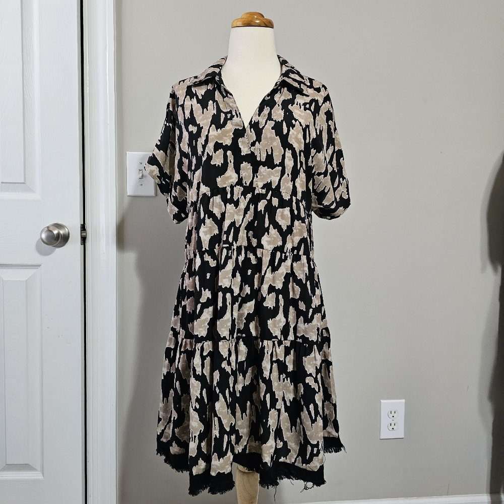 Umgee Black Tan Abstract Print Tiered Babydoll Dress S Fringe